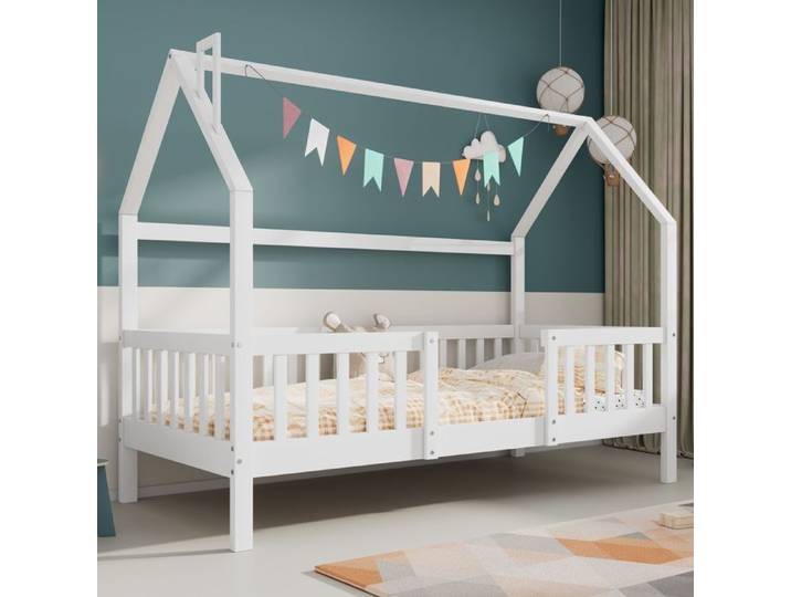 HOMVRA Lit Enfant 90x200 cm Lit Cabane avec Barrières de Sécurité et Sommier à Lattes Bois Blanc