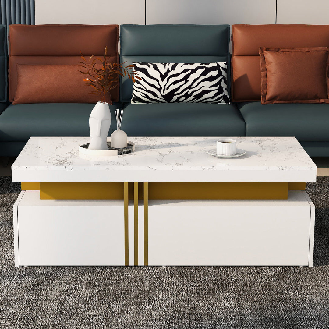Ivy Bronx Chalsea Coffee Table with Storage White/Arabescato White Marble 40cm H X 100cm W X 50cm D