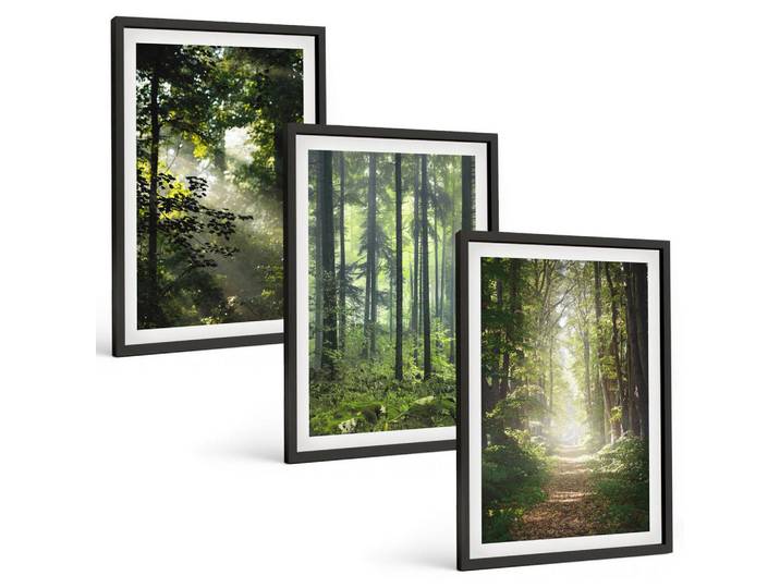 Tulup Bilder SET 3er Set - 40x60 cm Schwarzer Rahmen - Grüne Wälder mit Lichtstrahlen, Kunststoff, Rechteckig, 40x60 cm, gerahmt, Bilder & Rahmen, Bilder