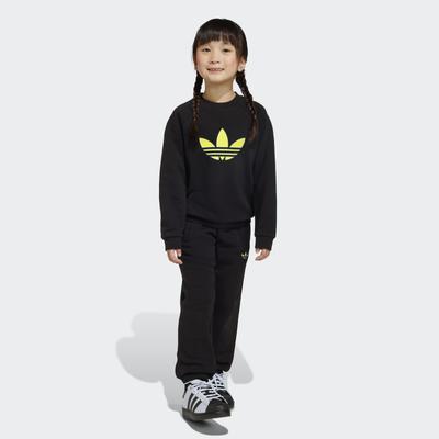 Trainingsanzug ADIDAS ORIGINALS "TREFOIL SET MIT RUNDHALSAUSSCHNITT, LOCKER GESCHNITTEN", Mädchen, Gr. 116, schwarz, Obermaterial: 70% Baumwolle, 30% Polyester, Sportanzüge Trainingsanzug