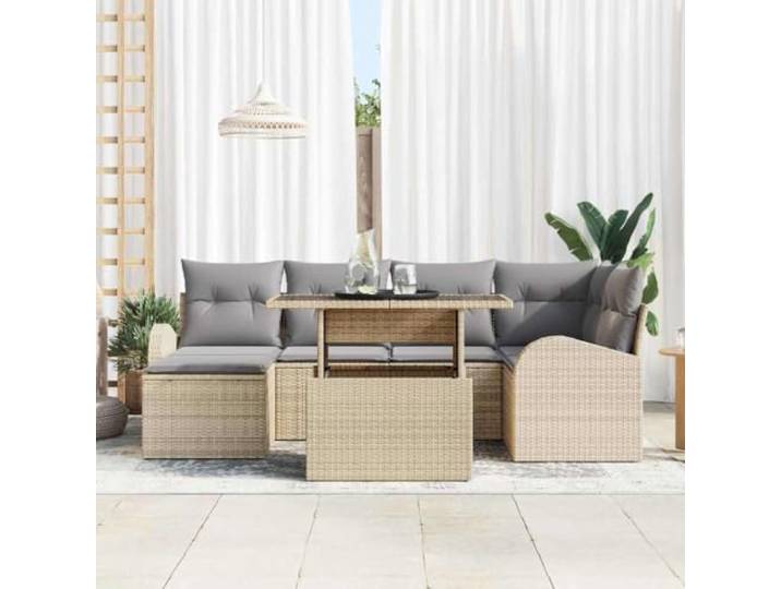 KTHLBRH Modulares Sofa-Set, 7-teilig, Beige und Hellgrau Polyrattan, UV-beständig, lackierter Stahl, abnehmbare Kissen, für Terrasse und Garten