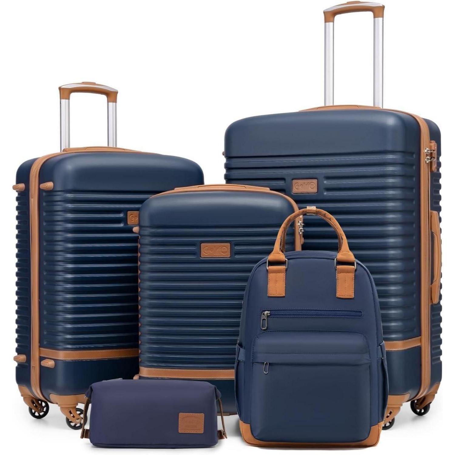 Koffer-Set 5tlg. Reisekoffer Trolley ABS Hartschale 4 Rollen TSA-Schloss Blau/Braun inkl. Rucksack & Kulturbeutel