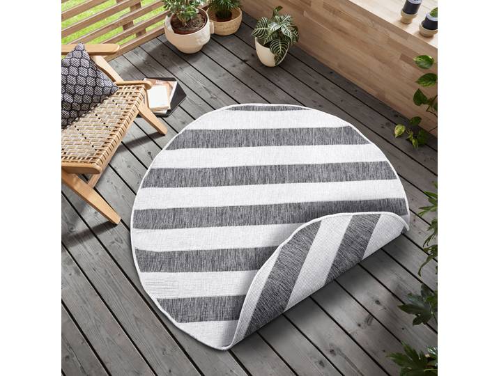Teppich GOODPRODUCT Alan Wendeteppich , grau (grau, weiß), H:5mm Ø:200cm, Kunstfaser, Teppiche, Teppich, Beidseitig nutzbar, Streifen, Scandi, wetterfest, für In- und Outdoor