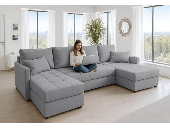 AXLIVING Ecksofa Dolceo 287 cm grau, Schlaffunktion Schlaffunktion mit 120 x 267 cm Schlaffläche. Ottomane: 67 cm. Pflegeleichter, Stoff mit strukturierter Oberfläche.