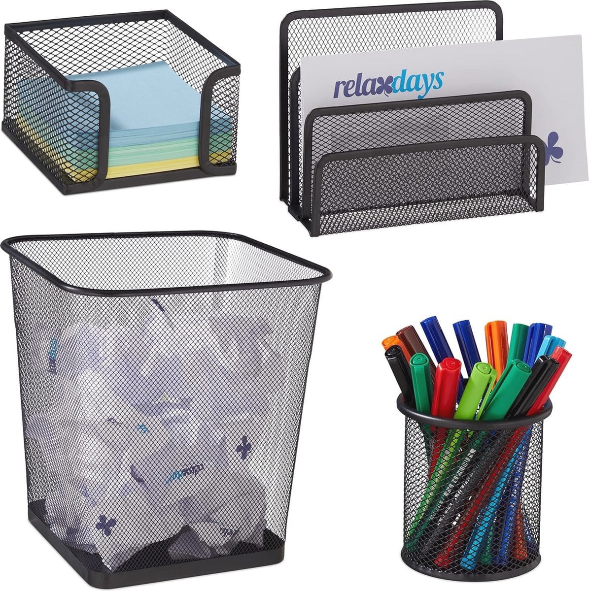 4-delige bureau organizer set met pennenbak en metalen houder - zwart