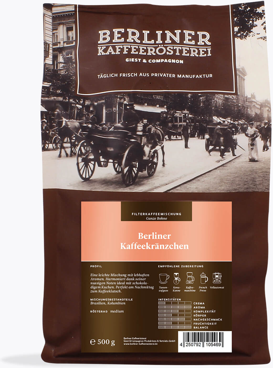 Berliner Kaffeerösterei Berliner Kaffeekränzchen 500 g   Ganze Bohne   Arabica Espresso Kaffee aus Brasilien, Kolumbien - Aromatisch & Kräftig