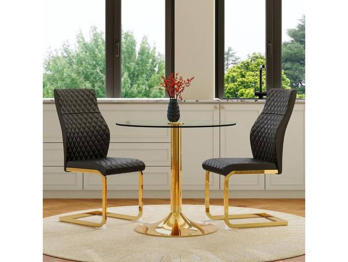 Table à manger avec 2 chaises modernes noir et or Ensemble table et chaises ronde en verre trempé avec un pied en métal doré