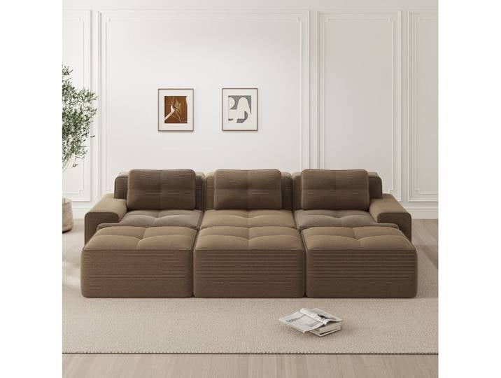 JOINERY Canapé Modulable Angle Fonction Couchage 3 Places Velours Côtelé Marron 3 Poufs Salon Sans Montage Accoudoirs Larges