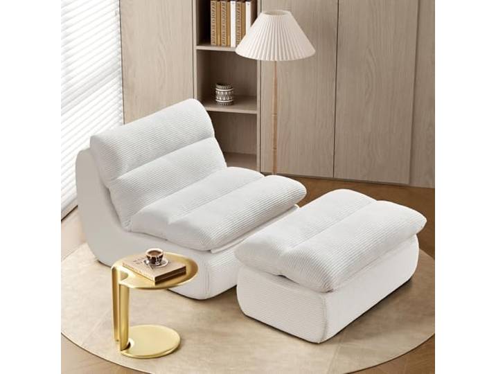 okwish Sitzsack Mit Fußhocker, abnehmbaren Rückenlehne und Sitzkissen, Lazy Sofa, Bodensofa, Sitzsack Lesesessel, Wohnzimmer Loungesessel, Sofa aus Weiß Cordstoff
