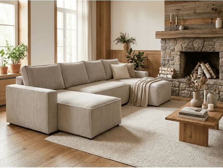 ANGEBOT Hellbeige Wohnlandschaft U-FORM SMART COSARO 295x140 cm II. Qualität