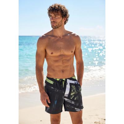 Badeshorts JOHN DEVIN, Herren, Gr. L, N-Gr, bunt (schwarz, lime), Polyester, bedruckt, Badehosen Badeshorts, mit grafischen Elementen