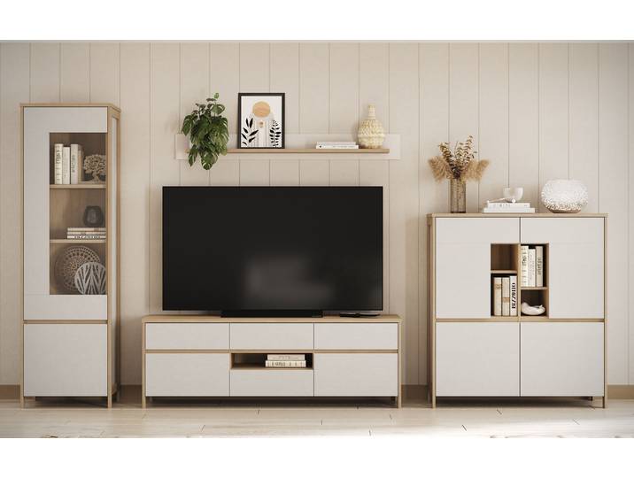 Wohnwand HOME AFFAIRE Stranda, moderne Anbauwand, Komplettset im Scandi-Style , weiss (weiß skandi eiche), B:363cm H:195cm T:39cm, Holzwerkstoff, Kastenmöbel-Sets, Wohnwand, enthält Vitrine, Lowboard, Highboard und Wandboard, 364 cm breit