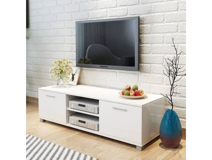 Meuble TV - GENERIQUE - Blanc à haute brillance - 120 x 40 3 x 34 7 cm - 2 étagères - 4 sorties de câbles
