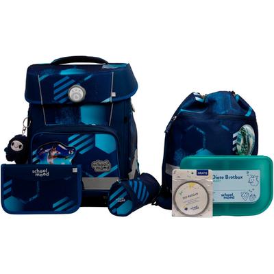 Schulranzen SCHOOL-MOOD "Champion Maxx Pro", Kinder, Gr. B/H/T: 30cm x 40cm x 23cm, blau (jonas (fußball) mit moodie willi wissbegier), Polyester, Rucksäcke