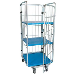HMH Rollbehälter nestbar & 2 Böden Nutzhöhe 1540mm, verzinkt, Kunststoffplatte 725 x 820mm, 4-seitig