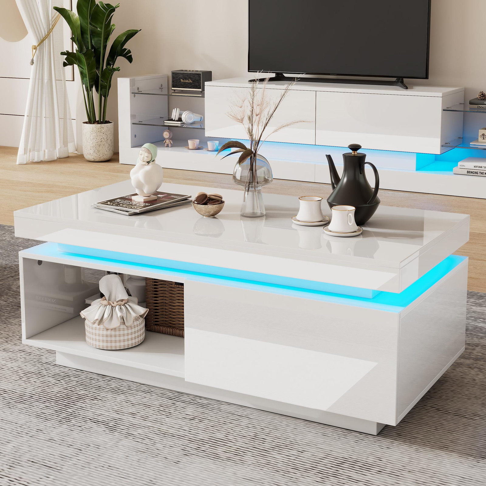 Merax Glanzende Salontafel met LED-verlichting en Lade, Wit