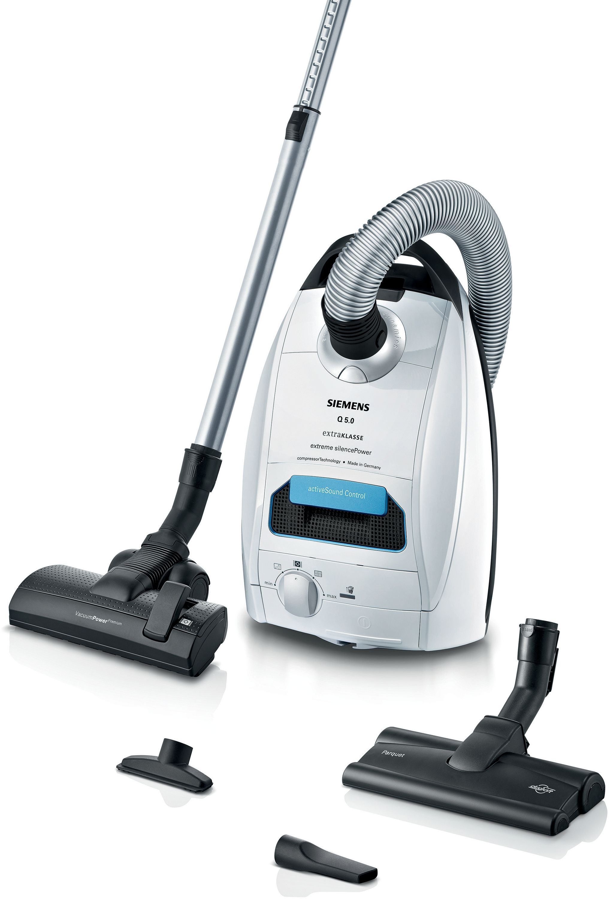 Siemens VSQ5X12M1 Q5.0 extreme silencePower Bodenstaubsauger mit Staubbeutel 850 W HEPA (Schwarz, Metallisch, Weiß)