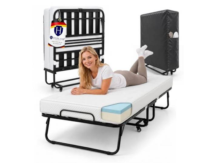 Haferkamp Klappbett RESTO inkl. Premium Matratze Belastbar bis 250kg Faltbar Gästebett 4 Räder TxB 90x200cm Weiß Metallbett Transportrollen