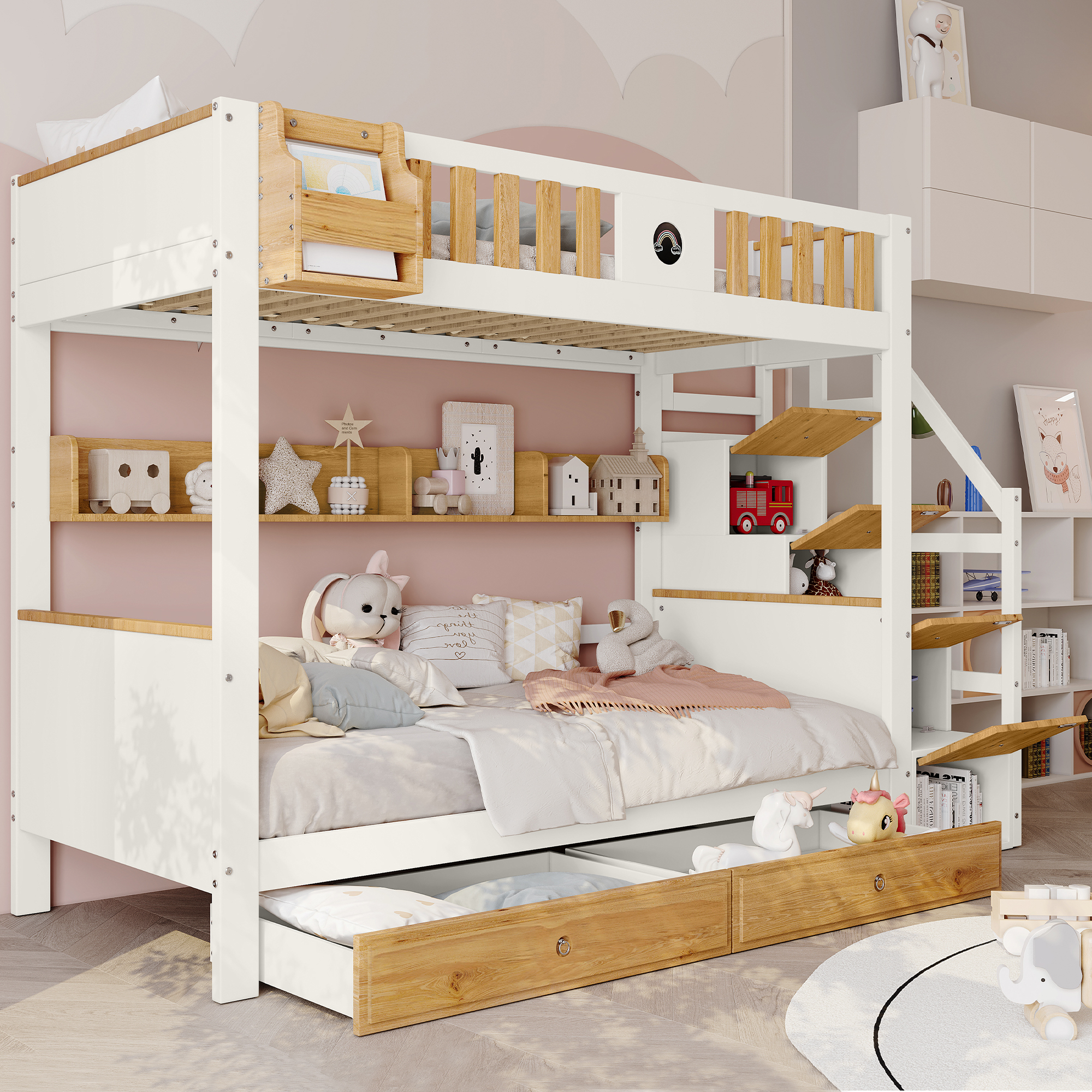 STILVORA Etagenbett 90x200 mit Schubladen,Kinderbett Bettgestell mit Stauraumtreppe&offene Regale,Holzbett mit Lattenrost,mit Matratze,Weiß+Natur