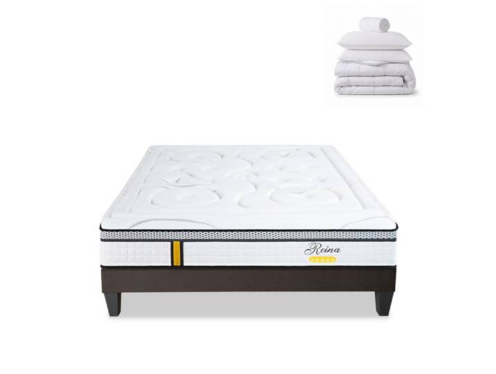 Pack Reina 2.0 90x190 cm Matelas Ressorts + Sommier Bois + Accessoires