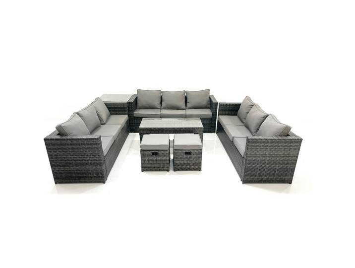 Fimous Gartenmöbel Couchtisch SET mit Sofa Polyrattan Outdoor 11-Sitzer, Dunkelgrau, Metall, Kunststoff, Glas, Füllung: Schaumstoff,Schaumstoff, rechteckig, Gartenmöbel, Gartengarnituren, Gartenmöbel-Sets