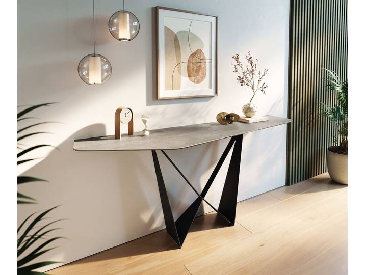 Konsolentisch Edge Polygonal 180x50 cm Keramik Beton Grau Spios Metall Schwarz, Konsolentische