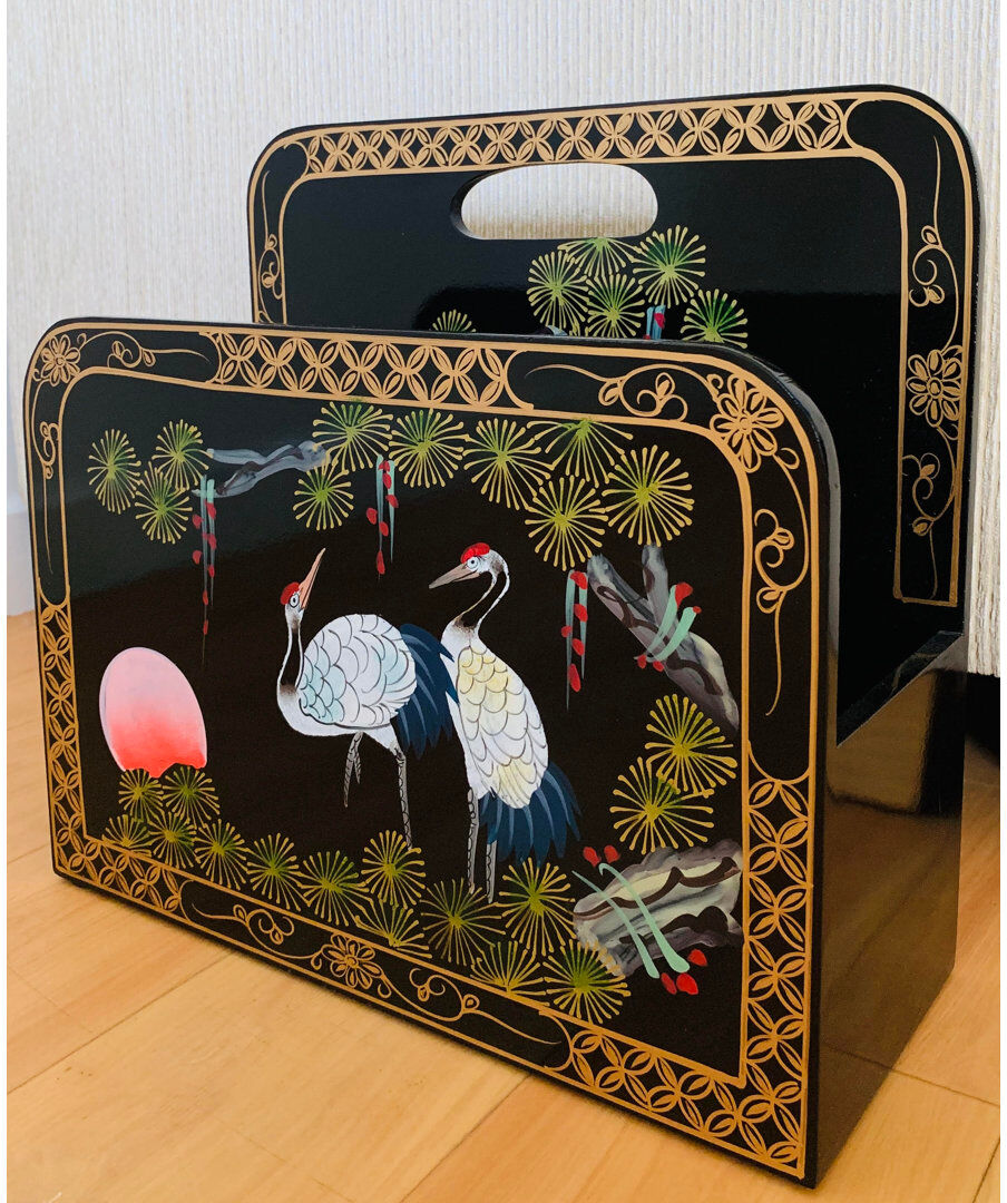 World Menagerie Cliffo Magazine Rack Hand Painted Cranes Artistry Black 35.5cm H X 38cm W X 12.7cm D