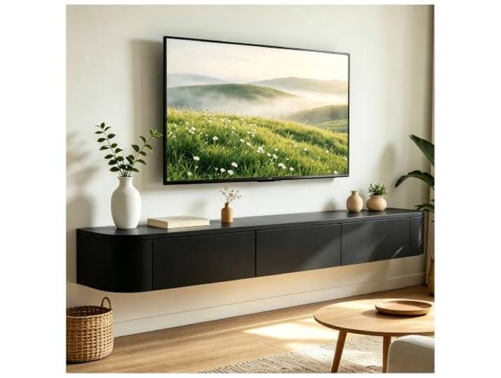 KSYGINXD TV Lowboard Hängend 180cm Schwarz, Moderner TV Schrank Schwebend, TV Board 2 Schubladen 1 Klappen Türen, Fernsehtisch mit Kabelmanagement, für Wohnzimmer und Esszimmer