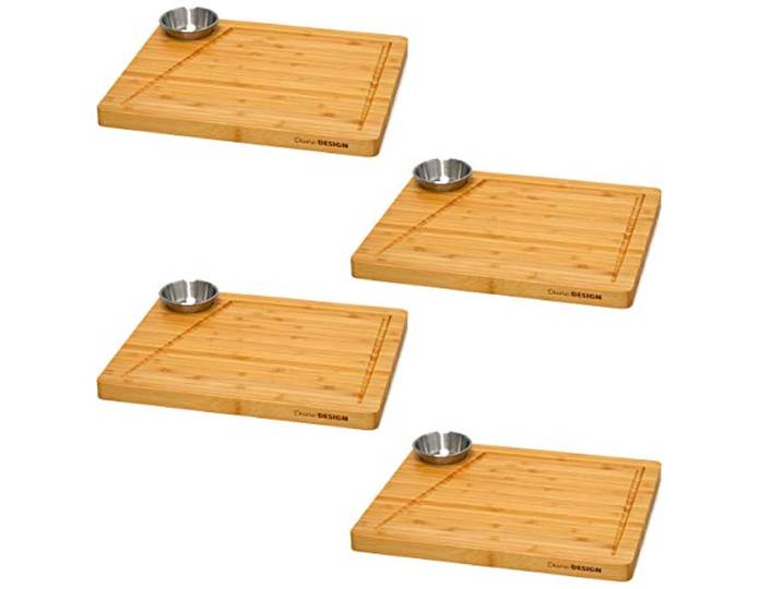 DuneDesign 4X Steakteller Holz mit Dipschalen - 30x25cm Bambus Teller Set - Grill Servierplatte Holzbrett Küche Gastro Zubehör Burger Tablett Grill Zubehör - Sushi Geschirr Set 4 Personen Sushi Deko