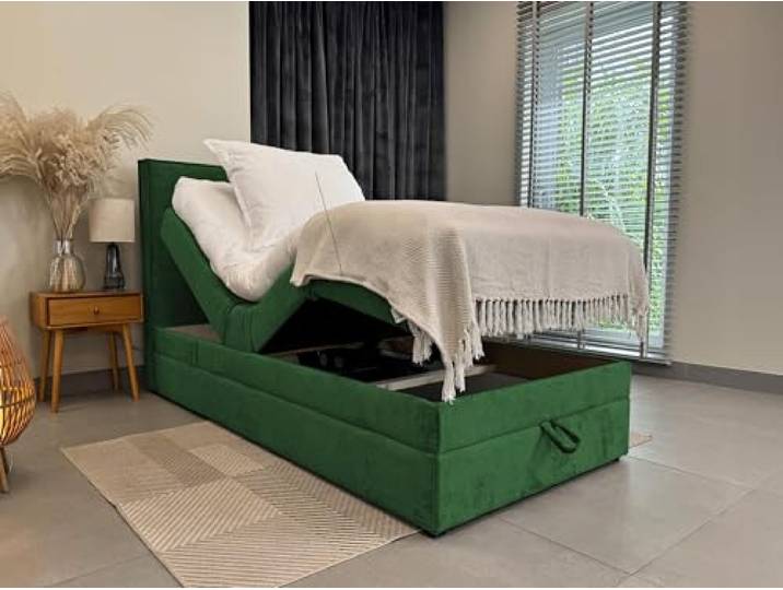TRADA Boxspringbett 100 x 200 cm, Elektrische Bett mit Matratze, Grün SORRENTO, Bett mit Kopfteil, Topper und Bettkasten, Stoffbezug Veloursstoff