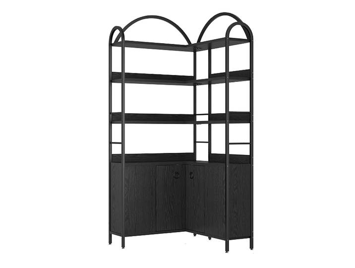 Étagère d'angle avec armoire de rangement, bibliothèque en forme de L cintrée avec structure métallique, grande étagère d'angle industrielle pour salon, chambre à coucher