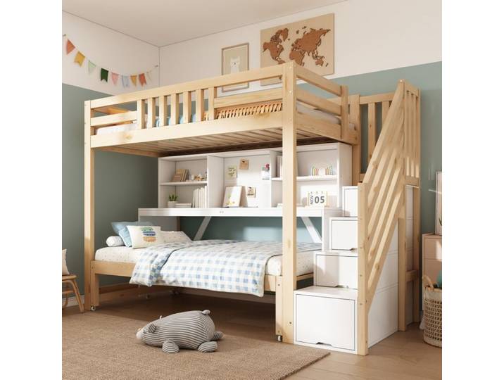 Lit Mezzanine Enfant Blanc Et Chêne Lit Multifonction FloraGrace Pour Chambre D'Enfant Avec Bureau Et Rangements 254x97x165cm