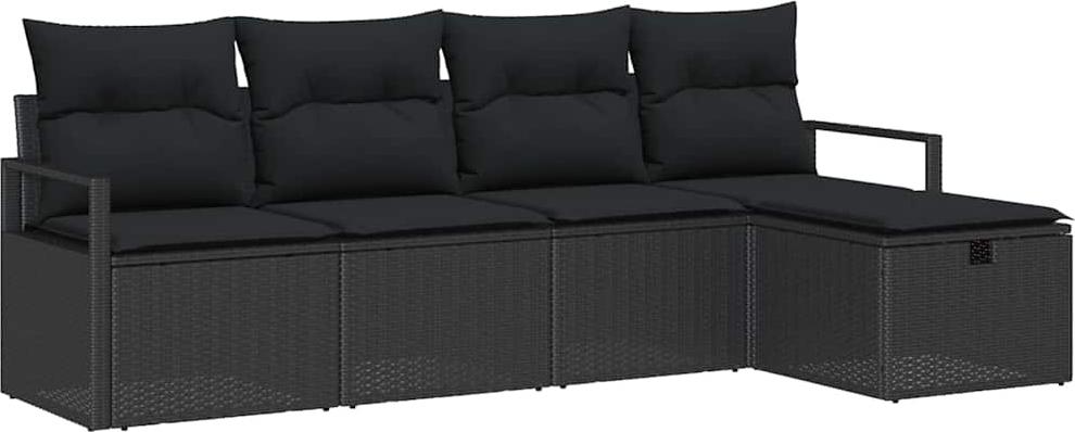 Modulares Gartensofa-Set, 5-teilig, mit Kissen, aus schwarzem Poly-Rattan und Akazienholz, höhenverstellbarer Tisch, für 5 Personen