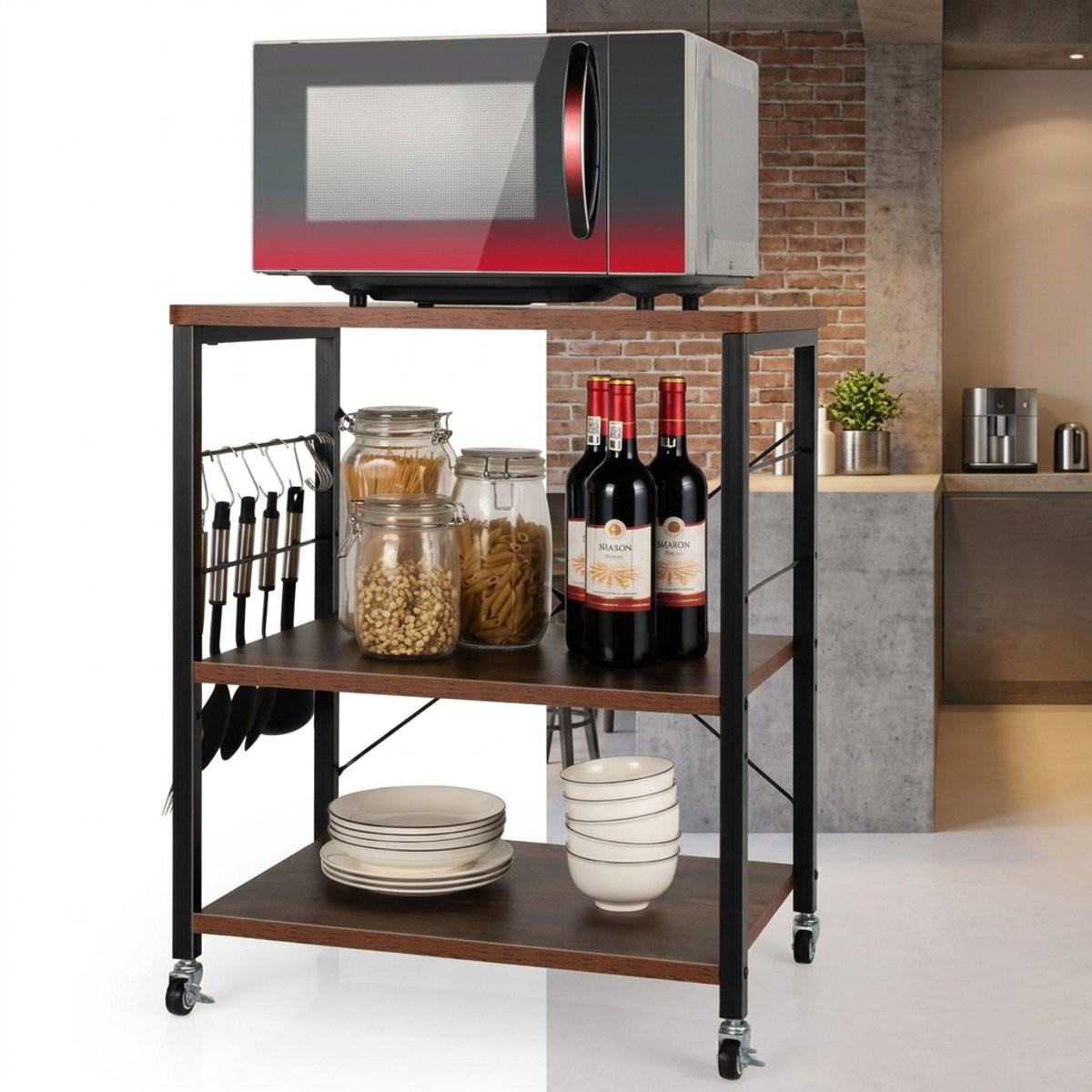Granmaison Magnetronkast Bruin - Keukenrek met Dubbele Draagplank en Zwenkwielen - B/D/H: 60 x 40 x 73,5 cm