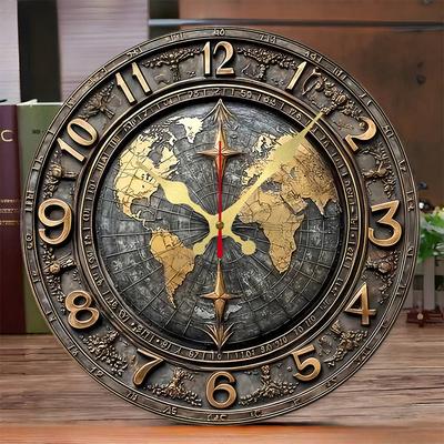 ModernMart Vintage World Map Wooden Wall Clock Silent Decorative Round Home Decor Vintage World Map Wooden Wall Clock Silent Decorative Round Home Decor