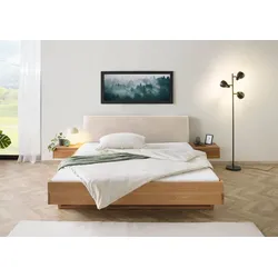 Bett mit Nachttischen Eiche 140x200x85 natur geölt, Kopfteil beige FICHTELBERG #133