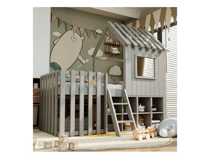 Flieks Hochbett Kinderbett Hausbett 90x200cm mit Dach, Fenster und offenem Stauraum