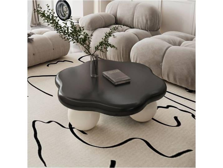 Table basse forme nuage 80 cm noir et blanc plateau MDF laqué pieds sphériques salon