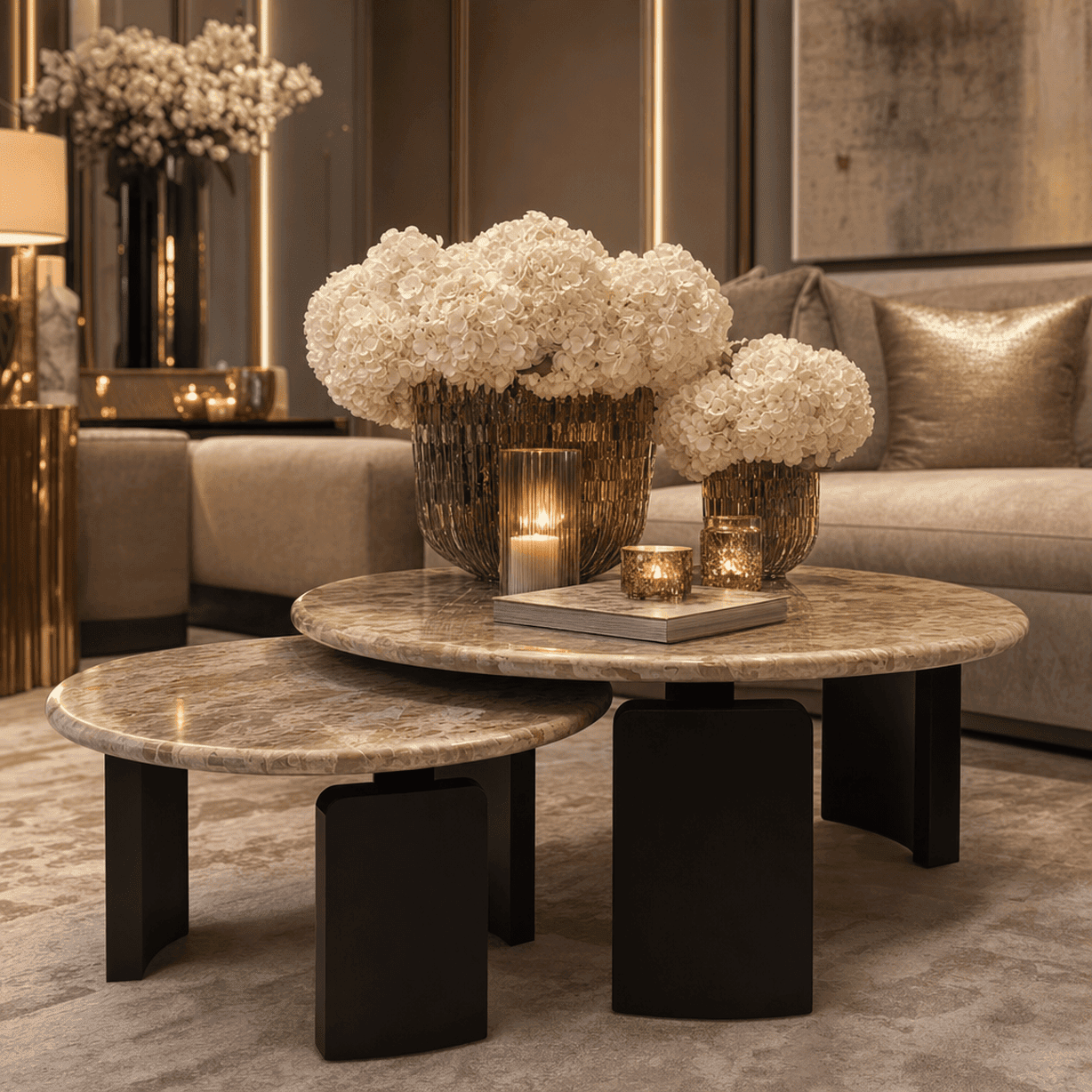 Kingsley Marble & Bronze Round Coffee Tables - Set of 2