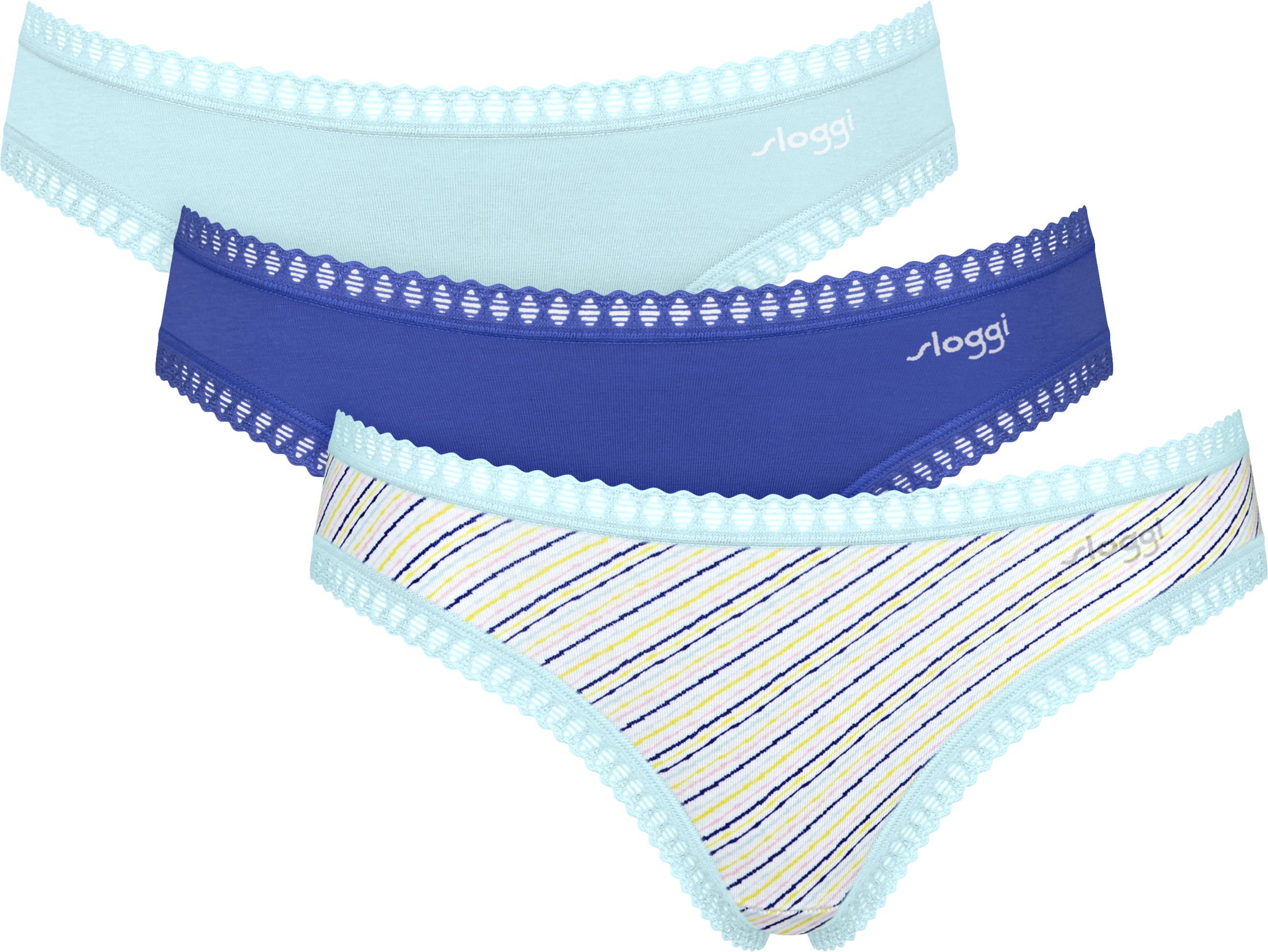 Minislip SLOGGI "GO Crush", Damen, Gr. XS, Single Jersey, bunt (light combination, blau), Single Jersey, Obermaterial: 95% Baumwolle, 5% Elasthan, gemustert, unifarben, körpernah, Unterhosen Minislip, dehnbare Spitzendetails, Cotton-Mix light combination,