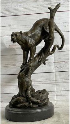 Bronzhaus Mountain Imitative Lion Puma Panther In Tree Bronze Sculpture Statue Wildlife Art Decor