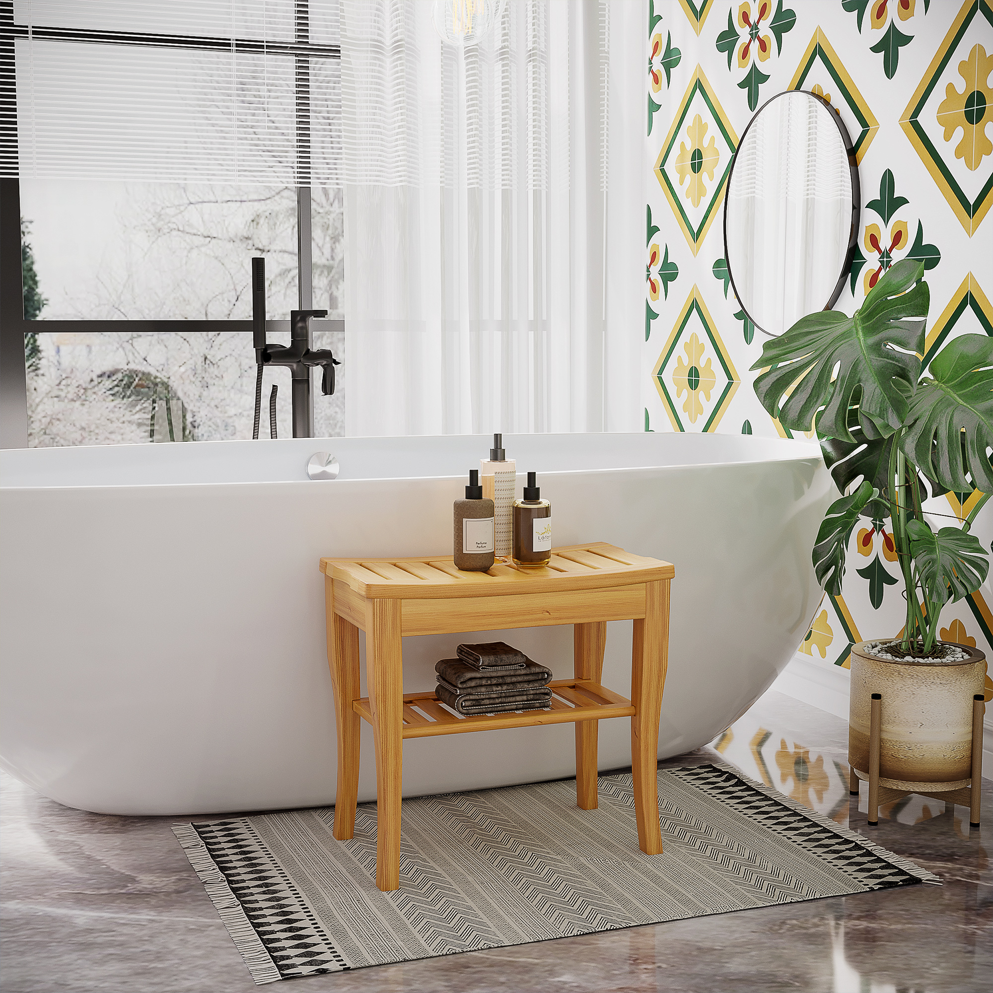 Homcom Sgabello Bagno Bambù Naturale Ripiano Portaoggetti Anziani Disabili Portata 100kg Bambù 47,5x26x44,5 cm