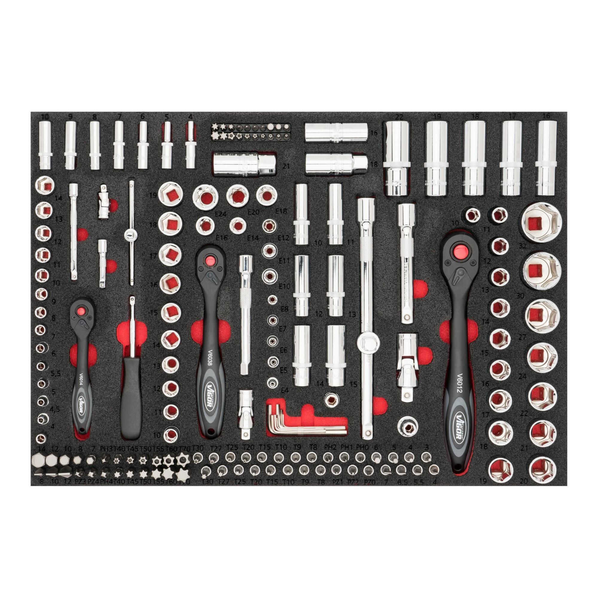 VIGOR V418 Steckschlüssel-Werkzeug-Satz, 3 Antriebsgrößen (1/4, 3/8 und 1/2), V4188)