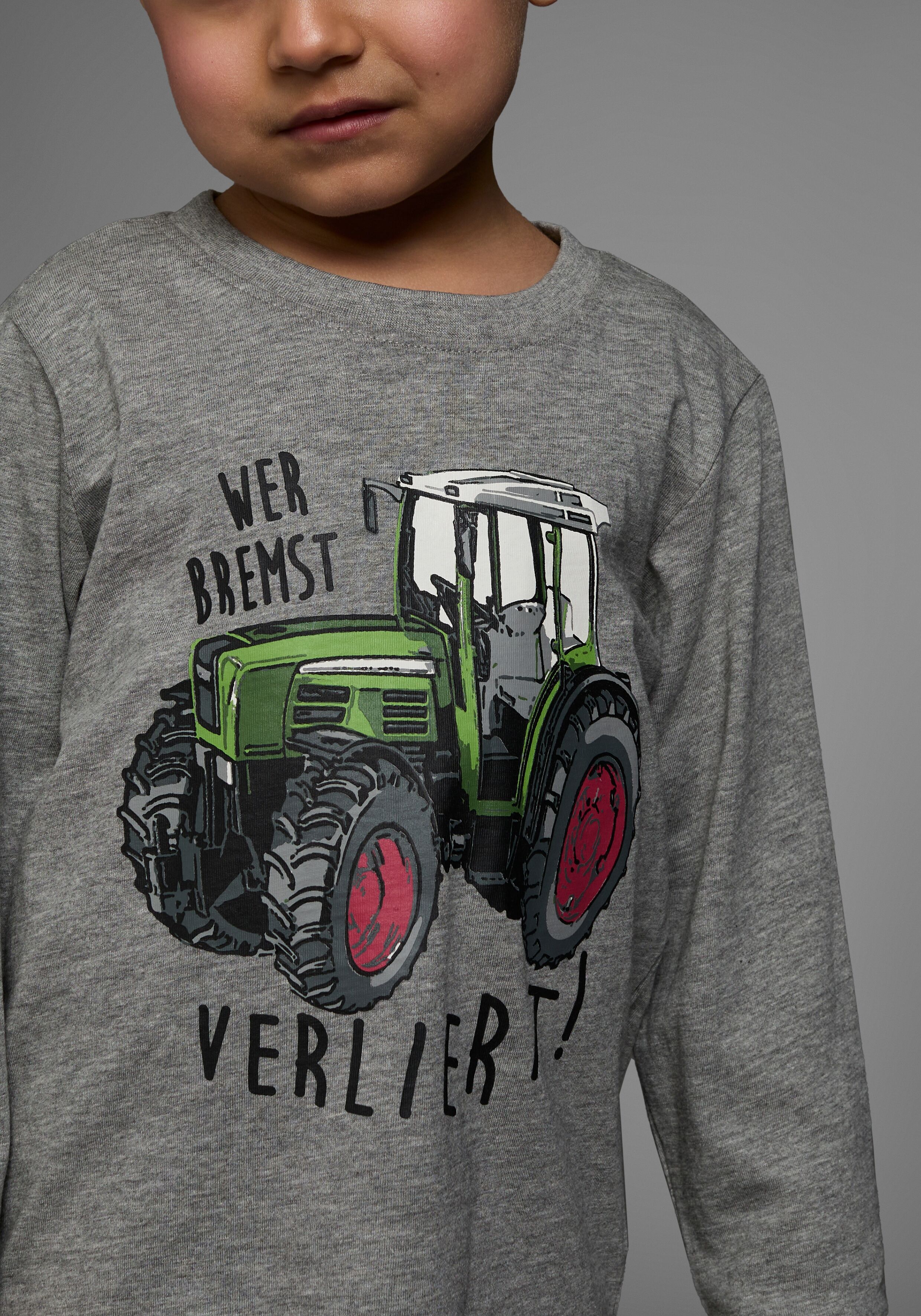 Langarmshirt KIDSWORLD "Shirt mit Spruch: WER BREMST, VERLIERT", Jungen, Gr. 116/122, grau (grau meliert), Jersey, Obermaterial: 85% Baumwolle, 15% Viskose. Obermaterial Melange: 85% Baumwolle, 15% Viskose, bedruckt, Basic, Shirts Langarmshirt, Langarm, d