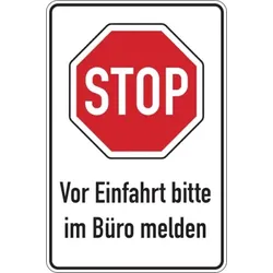 Parkplatzschild, STOP - Vor Einfahrt bitte im Büro melden, 900x600mm, Alu glatt - 600x900x2 mm Aluminium 2 mm