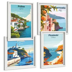 BILDER SET 4er Set - 50x50 cm & 40x60 cm Weißer Rahmen - Retro-Landschaften im malerischen Stil