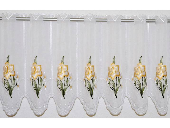 Scheibengardine STICKEREIEN PLAUEN Narzisse Gr. 1, weiss (weiß), B:95cm H:40cm, Voile, Polyester, Gardinen, Scheibengardine, veredelt mit echter Plauener Spitze Stickerei