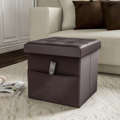 Foldable Storage Cube Ottoman with Pocket- Tufted Faux Leather Footrest Organizer by Lavish Home