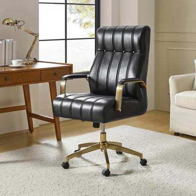 HULALA HOME Curtiz Mid-Century Modern Vegan Leather Swivel Tilting Office Chair with Channel Tufted and Metal Feet
