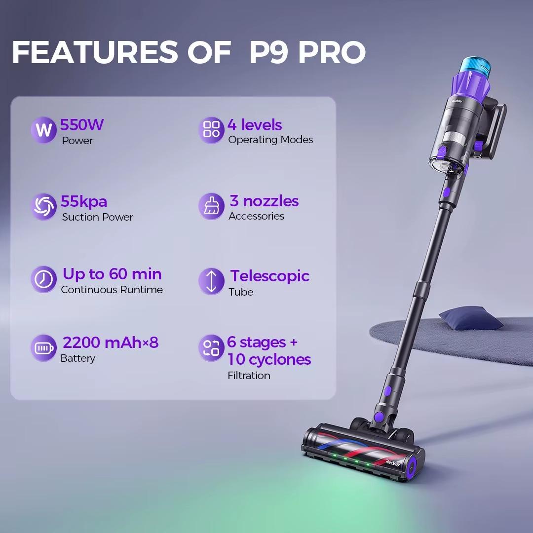 P9 Pro - Kabelloser Staubsauger - 550 W - 55 kPa Saugleistung - Bis zu 60 Min Laufzeit - HEPA-Filter - LCD-Display - Anti-Haarverwicklungsbürste für Tierhaar und Teppich